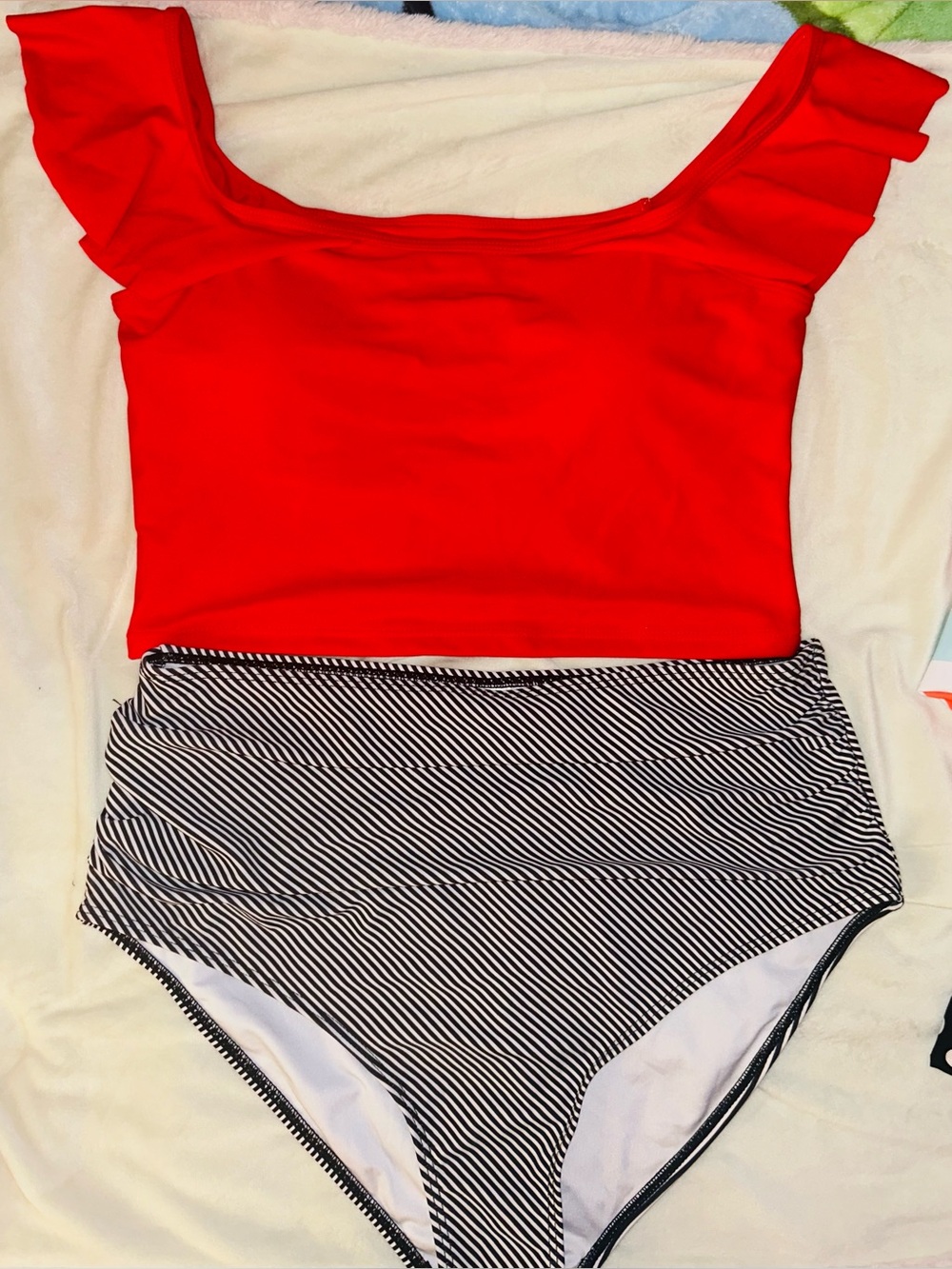 BNWOT Red Ruffle-Sleeve Bikini Top with High-Waist Black & White Striped Bottom